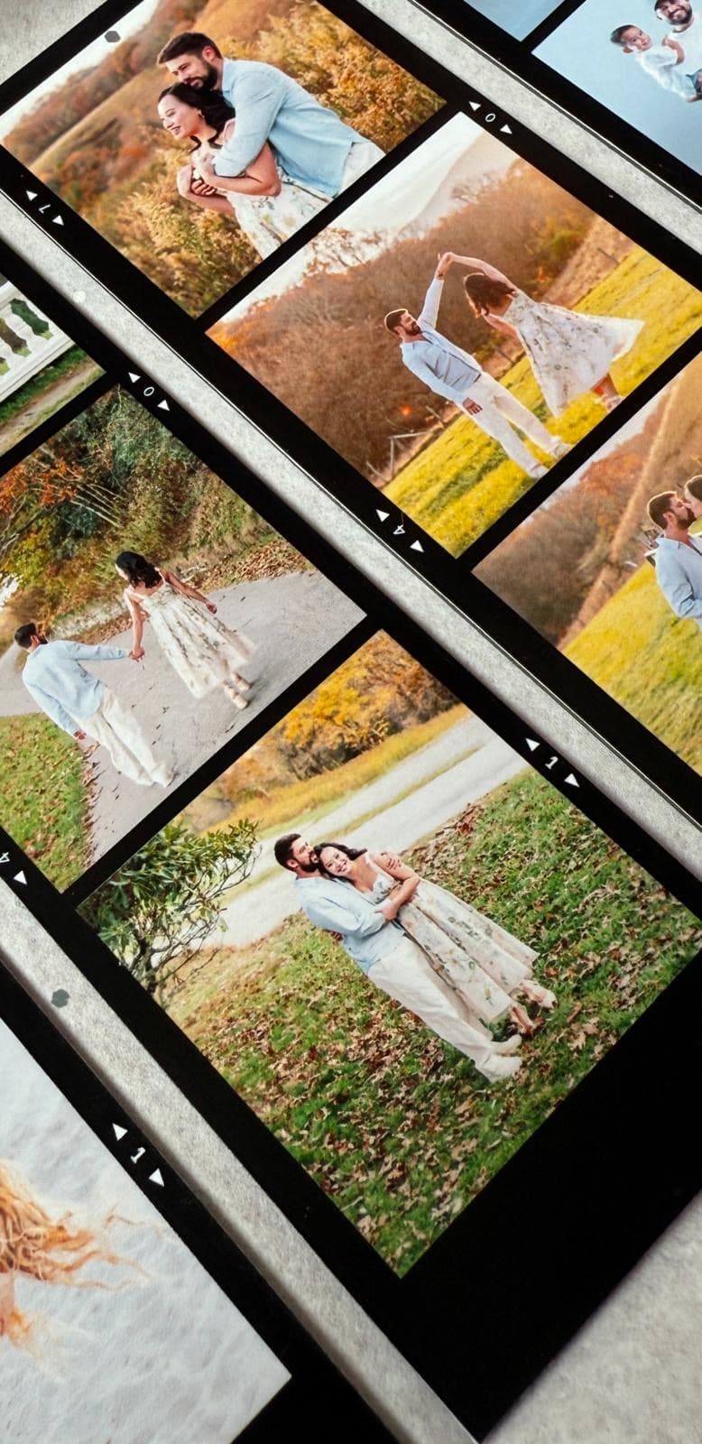 Photo strip magnets printed with wedding and family photos