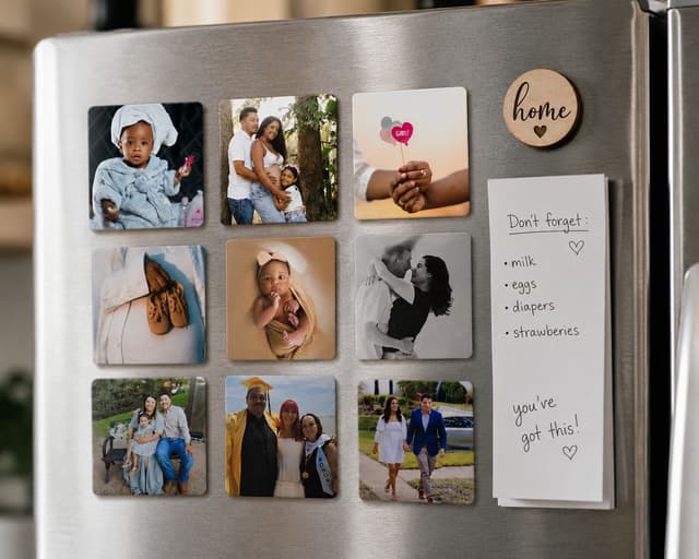 Close-up of custom magnets on a fridge
